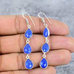 Boucles d'oreilles pendantes tendance en argent sterling 925 avec pierre précieuse en calcédoine bleue, sertie en bélière, faites à la main, cadeau de fête pour femme - Product Image 1