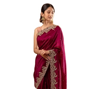 Sari en soie Rangoli noir lourd de qualité supérieure avec séquence de broderie de chemisier en satin et travail de rivet pour la collection de mariages - Product Image 1