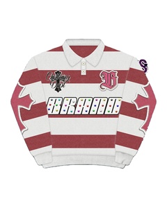 Women Rugby Shirt 240 GSM Cotton Polyester Blend <b>Red</b> White Stripe Panels Embroidery Patch Custom Logo women's Shirt Cotton - Product Image 1