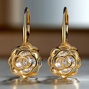 Orecchini a perno con rosa incorniciata in oro 14K e cristalli - Product Image 6