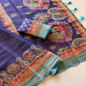 Sari en soie pure Zari VASTRA COTTAGE, tissage Zari complet avec bordure Zari, imprimé Kalamkari numérique, chemisier assorti - Product Image 2