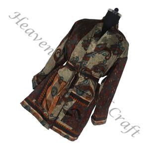 KS008 mujeres abstractas seda pura vintage Sari kimono corto tamaño libre ajustable vintage Sari kimono corto Mujer seda vintage - Product Image 1