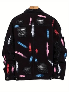 Veste en jean déchiré d'hiver pour hommes Col montant avec logo sur le devant High Street Casual Fashion Outerwear - Product Image 2