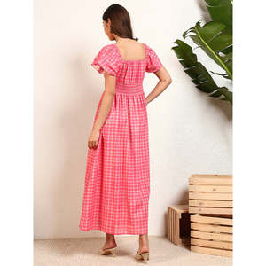 Deebaco Women's Pink Plaid Off-Shoulder A-Line Midi <b>Dress</b> With Ruffles <b>Elastic</b> Waist Prairie Chic Summer Casual Style - Product Image 4