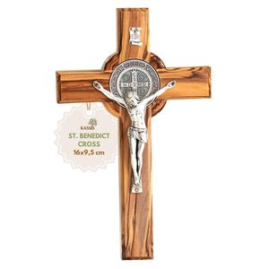 Cruz de Pared de Madera de Olivo Hecha a Mano de San Benito, 16 cm, Regalo Religioso Cristiano, Venta al por Mayor desde Belén - Product Image 1