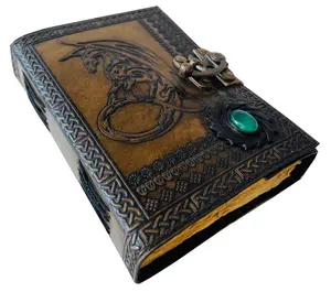 Leather Journals for Writing Notebook Sketchbook Diary with Lock for Men Women Book of Shadows dugenous and dragon with Stone