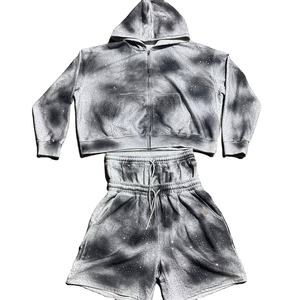 Ensemble sweat à capuche et short décontracté unisexe en coton respirant avec strass effet délavé, idéal pour l'hiver – Vente en gros - Product Image 1