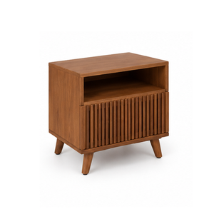 Mesita de Noche Moderna de Madera con Cajón Acanalado, Estante Abierto y Patas Cónicas, Mueble de Dormitorio para Hotel o Apartamento - Product Image 3