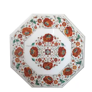 White Marble Carnelian Gemstone Inlay Coffee Table Top Pietra Dura Inlay Table Top