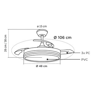 Ventilatore da soffitto CCT con 3 pale retrattili e luce, 48W 5280 Lm, bianco Night Evo (Cristal Record 85-100-42-000) - Product Image 5