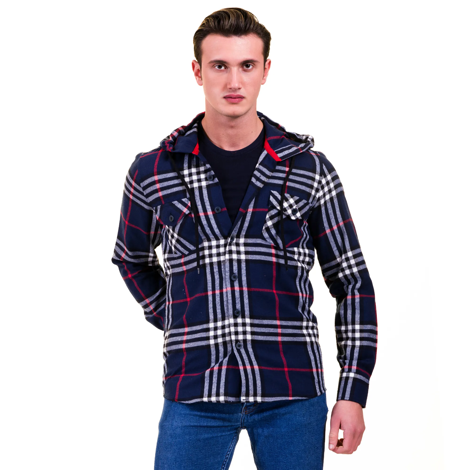 Fashion Trend Flannel Men's Long Sleeves Shirt with Double Pocket Western Style with or without Hoodie