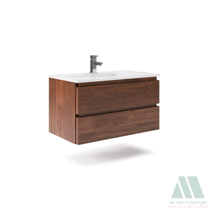 Meuble de salle de bain mural en bois minimaliste moderne avec 2 tiroirs sans poignée prêt à assembler - Product Image 4