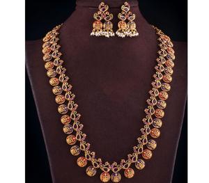 Ethnic Premium Quality <b>Gold</b> Plated Temple <b>Jewelry</b> Necklace <b>Set</b> With Earrings for Wedding Festival Wear Collection For Women - Product Image 1