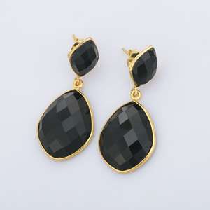 Boucles d'oreilles pendantes en onyx noir, 4,5 pouces, 20 grammes, coupe fantaisie |   Bijoux en argent sterling 925 plaqué or 18 carats avec pierres précieuses - Product Image 6