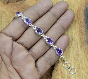 Pulsera clásica sólida 925, joyería para mujer, Plata de Ley 925, piedra preciosa amatista, estilo bohemio, pulsera hecha a mano, regalo para mamá - Product Image 3