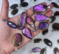 Colgante Unisex con Bisel, Joyería Plateada, Estilo Bohemio, Piedra Preciosa de Labradorita Morada, Excelente Calidad, Diseño Único, Regalo