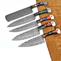 Set Pisau Koki Profesional Jexmoo Custom Handmade 5 Buah Baja Damascus Gagang Kayu Ambidextrous Modern dengan Sarung Kulit untuk Koki
