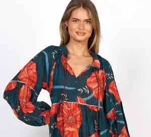 <b>Floral</b> Printed Cotton Full Sleeve Knee Length Beach Wear <b>Dress</b> With Designer Collar for Women Casual Wear <b>Dress</b> - Product Image 2