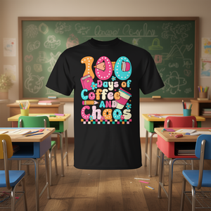 เสื้อยืดวันครบรอบ 100 วันเปิดเทอมสไตล์วินเทจ สำหรับครู  100 วันแห่งกาแฟและความวุ่นวาย - Product Image 3