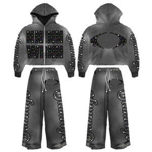 Ensemble survêtement et sweat à capuche pour homme, coupe évasée, effet délavé à l'acide, poids lourd, broderie streetwear, strass, survêtement court - Product Image 1