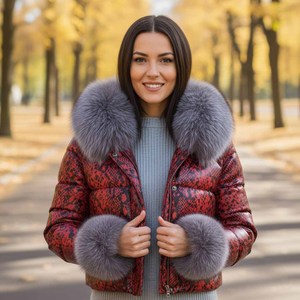 Veste d'hiver en cuir véritable pour femme avec col en fourrure de renard gris, fermeture éclair, coupe-vent, streetwear, doudoune - Product Image 5