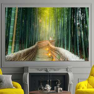 Arte en lienzo de bosque de bambú iluminado por el sol: impresión decorativa zen japonesa tranquila, lienzo envuelto - Product Image 1