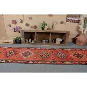 Vintage Turkish Classic Style Rectangle Rug 2.7ft X 13.6ft Orange <b>Brown</b> Bohemian Patchwork Design Flat Weave <b>Wool</b> Latex Backing - Product Image 4