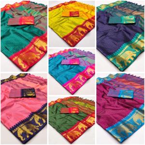 Sari de algodón puro para mujer Kanjivaram de lujo con hermoso diseño de elefante y borde dorado para bodas y fiestas - Product Image 3