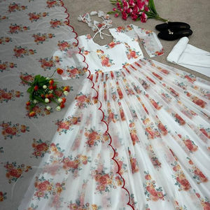 Présentation de la nouvelle robe de travail en fausse Georgette Anarkali avec impression numérique avec bas cousu et collection de prêt-à-porter Dupatta - Product Image 1