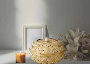 Wholesale Handwoven Bamboo Round Cremation Urn <b>Box</b> with Wooden Knob Eco Friendly <b>Memorial</b> Keepsake for Ashes Made in Vietnam - Product Image 5