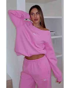 Ensemble de survêtement long à épaules tombantes pour femme, 2 pièces, uni, brodé, couleur bubblegum, pour l'hiver - Product Image 1