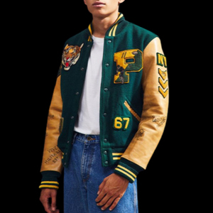 Chaqueta informal de invierno para hombre 100% lana y cuero de vaca transpirable con capucha estilo Letterman para uso al aire libre - Product Image 4