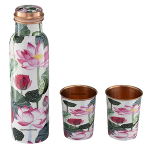 Qualité d'exportation de conteneur d'eau en cuivre pur fabriqué à la main indien avec 2 bouteilles d'eau potable en cuivre de conception imprimée en émail de verre - Product Image 3