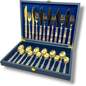 Top vente 24 pièces couverts de mariage ensemble Cube d'eau conception acier inoxydable plaqué or boîte bleue 6 parties différentes - Product Image 1