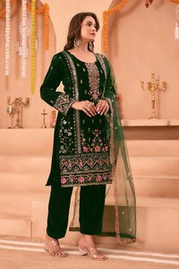 Ensemble Kurti Pantalon Dupatta en velours brodé pour femmes Vert foncé Vêtements ethniques Tenue de soirée pour femmes - Product Image 2