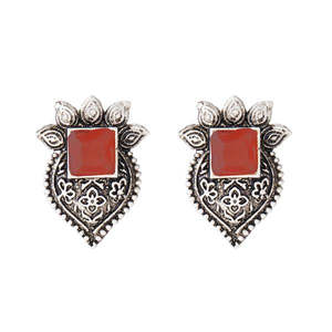 Boucles d'oreilles créoles fines Kriaa clous en pierre opaque marron plaqué rhodium modèle 1312206C - Product Image 1