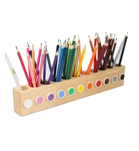 木制彩色铅笔架盒收纳器，带11孔天然松木桌面储物彩色铅笔固定盒