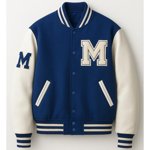 Chaqueta Varsity Azul Marino para Hombre con Mangas de Cuero Crema, Logotipo M Bordado, Cuello Camisero, Estilo Preppy, Corte Regular - Product Image 1