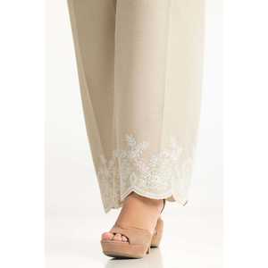 Pantalon large beige brodé en khaddar pour femme, respirant, coupe droite, options taille haute/moyenne, idéal pour le bureau, effet vieilli - Product Image 2