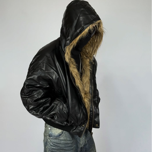 Blouson bomber réversible personnalisé pour homme en similicuir et fourrure shaggy, coupe courte, coupe-vent, à capuche, style streetwear pour l'hiver - Product Image 4