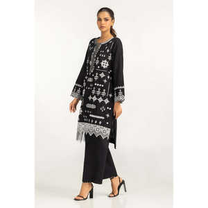 Conjunto de Dos Piezas para Mujer, Estilo Bohemio, Top de Manga Tres Cuartos, Bordado Jacquard de Algodón Negro, Talla XS/XS - Product Image 1