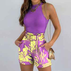 เสื้อกั๊กลายดอกไม้แขนกุดสำหรับผู้หญิงชุดเสื้อผ้าแนวสตรีท2ชิ้นสำหรับฤดูใบไม้ผลิ/ฤดูร้อน - Product Image 1