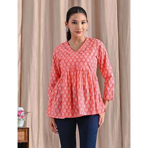<b>Peach</b> Jaipuri Block Printed Women's Cotton Peplum <b>Top</b> Women's Knit <b>Tops</b> - Product Image 1
