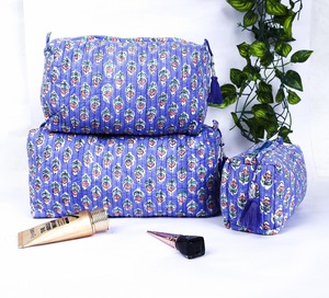 Durable Purple Floral Block Print Eco-Friendly Water Resistant Quilted Cotton Vintage Style Cosmetic Case Pouch Set for - Product Image 3