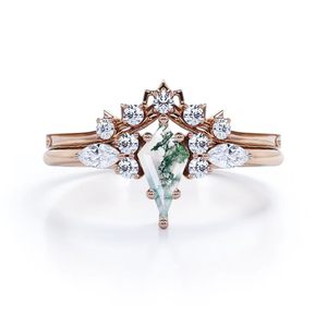 แหวนแต่งงานรูปทรงว่าวประดับมอสอาเกต เงินแท้ 925 ประดับพลอยแกะสลักลายแหลม สไตล์คลาสสิก ชุบทอง 14K แบบหนามเตย - Product Image 3