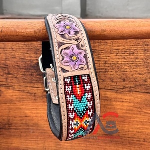 Collier de chien perlé en cuir repoussé fait à la main de qualité supérieure 100% cuir de vache tricoté collier de chien rembourré doux fabricant en gros - Product Image 1