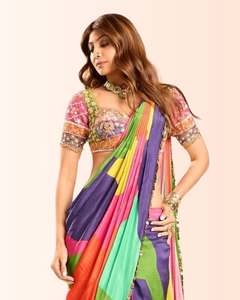 High on Demand Apparel & Accessories Fancy Thread Work Chinon Silk & Digital Print Sarees for Worldwide Supply From India - Product Image 2