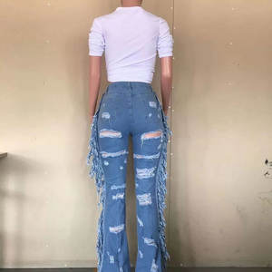 Kg0155 2022 Pantalones Vaqueros de Mezclilla para Mujer, Cintura Alta, Casuales, con Flecos de Terciopelo y Borlas, Estilo Flare - Product Image 3