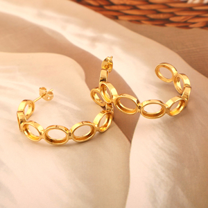 Pendientes de aro de metal de Latón chapado en oro de gran tamaño, collar en blanco liso, forma circular ovalada, pendientes de aro de poste de oreja de piedras preciosas - Product Image 1