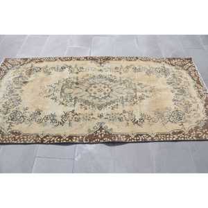 Vintage Rug, 3.6x7.4 ft Area Rug, <b>Brown</b> Solid <b>Wool</b> Turkish Rug - Product Image 3